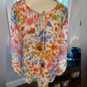 Tolani 💯 Silk Floral Tie-Front Peasant Blouse Made  in India Size Small